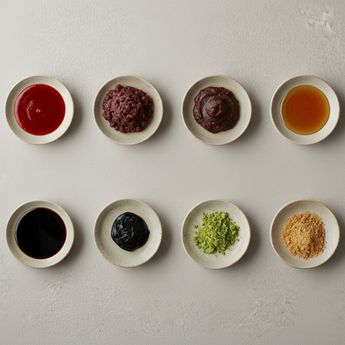 小皿に並べた蜜・ソース・餡・きな粉